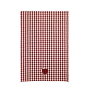 Kökshandduk JULIA, rutig i rött och vitt med ett rött hjärta med brodyr runt