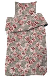 Bäddset DAGMAR i satin med stora rosa blommor på linnefärgad botten