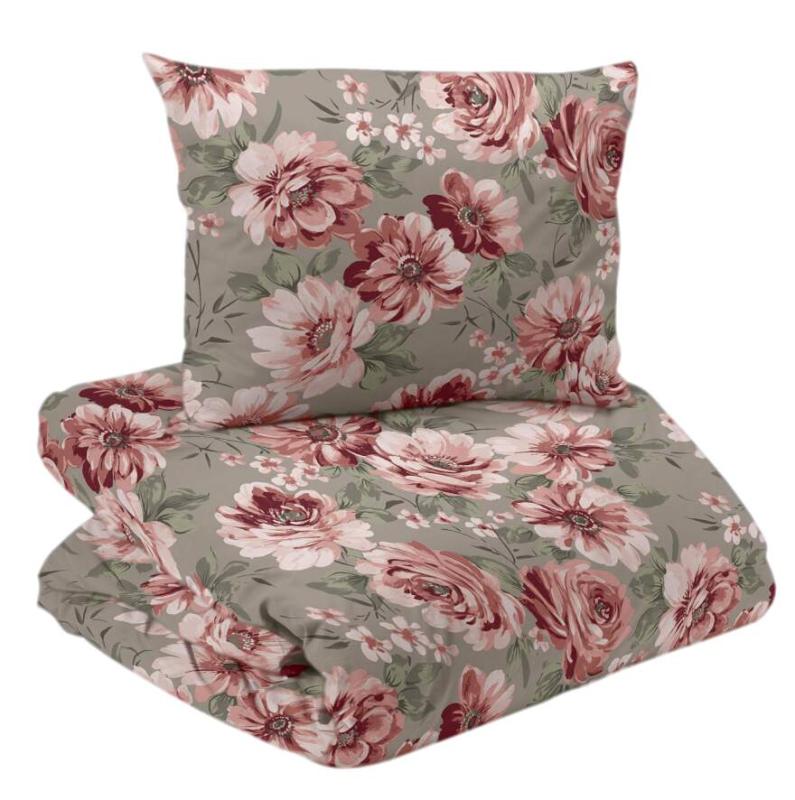 Bäddset DAGMAR i satin med stora rosa blommor på linnefärgad botten