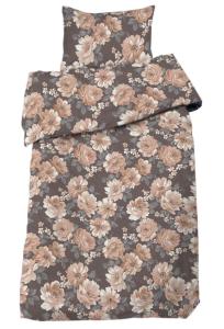 Bäddset DAGMAR i satin med stora aprikos blommor på nougatfärgad botten