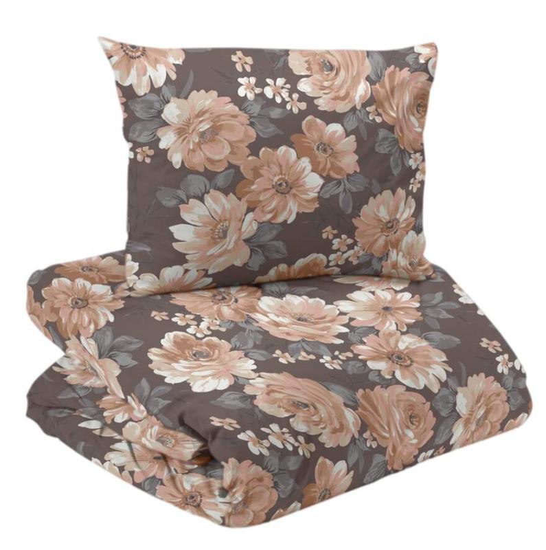 Bäddset DAGMAR i satin med stora aprikos blommor på nougatfärgad botten