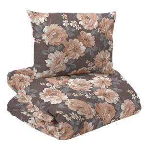 Bäddset DAGMAR i satin med stora aprikos blommor på nougatfärgad botten