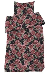 Bäddset DAGMAR i satin med stora rosa blommor på svart bottenfärg