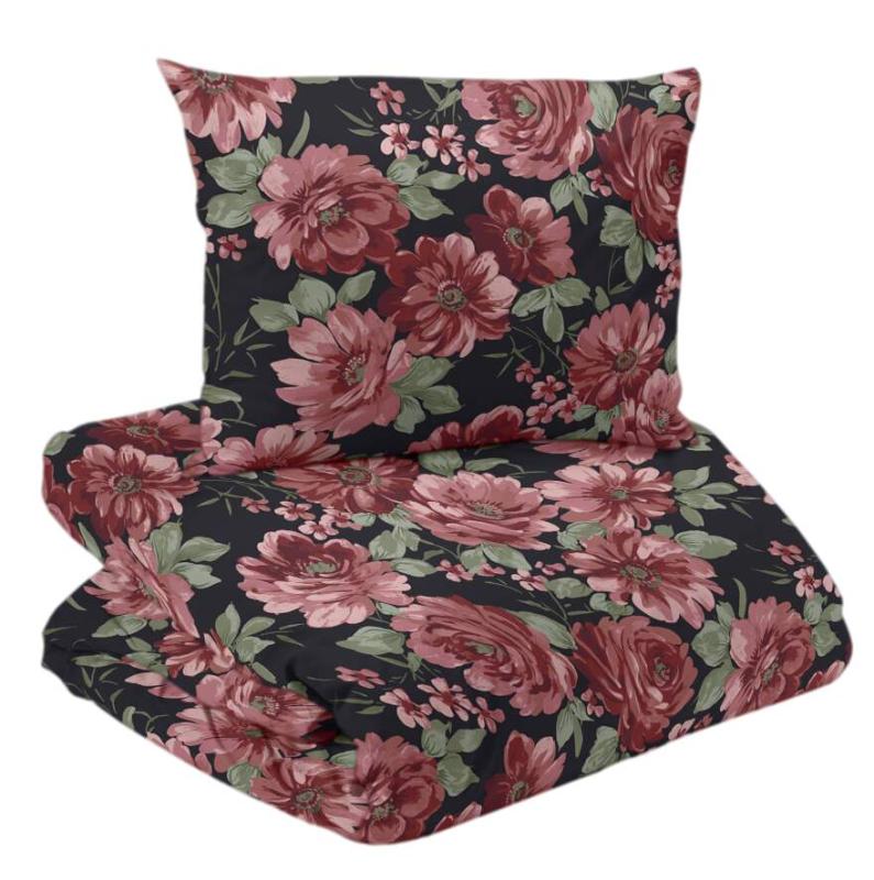 Bäddset DAGMAR i satin med stora rosa blommor på svart bottenfärg