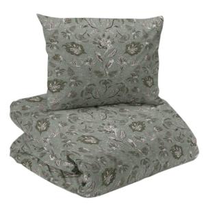 Bäddset INGELA i  satin med snirklande blad i grått och grönt på grön bottenfärg