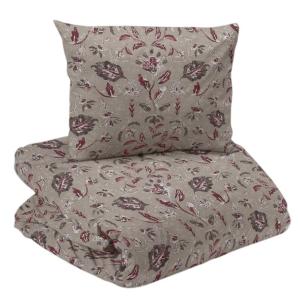 Bäddset INGELA i  satin med snirklande blad i grått och vinrött på mullvadsfärgad botten