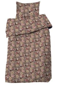 Bäddset SOLVEIG med retroinspirerade blommor i rosa, rost och havregula blommor på brun botten