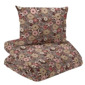 Bäddset SOLVEIG med retroinspirerade blommor i rosa, rost och havregula blommor på brun botten