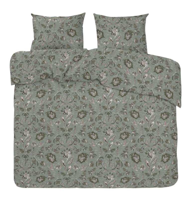 Bäddset KINGSIZE INGELA i  satin med snirklande blad i grått och grönt på grön bottenfärg