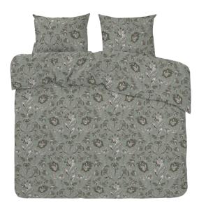 Bäddset KINGSIZE INGELA i  satin med snirklande blad i grått och grönt på grön bottenfärg