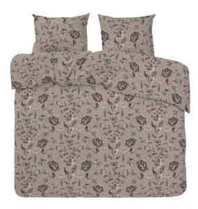 Bäddset KINGSIZE INGELA i  satin med snirklande blad i grått och vinrött på mullvadsfärgad botten