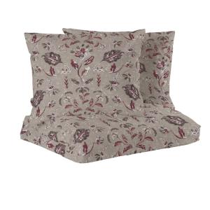 Bäddset KINGSIZE INGELA i  satin med snirklande blad i grått och vinrött på mullvadsfärgad botten