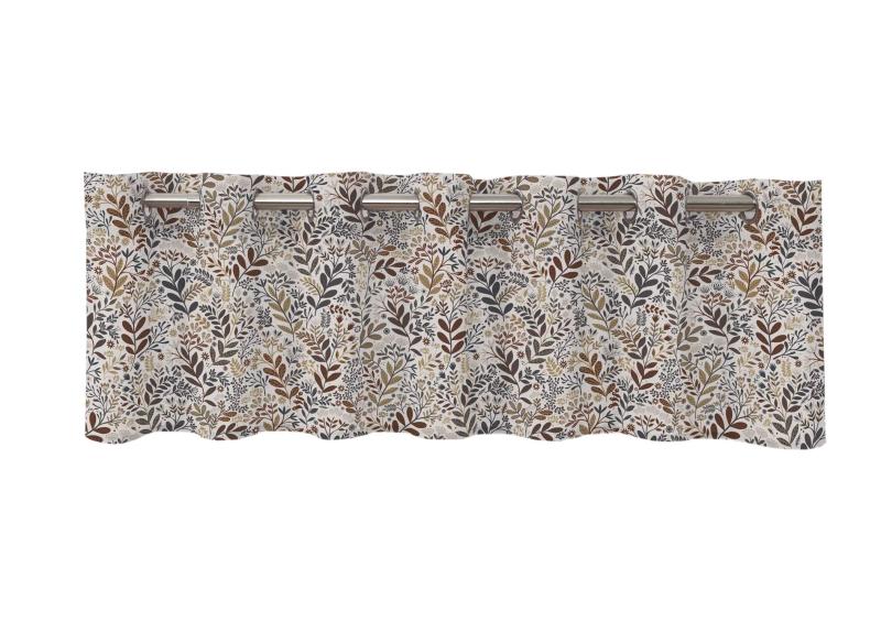 Gardinkappa HAGE med blad och blommor i denimblått och rost på beige botten