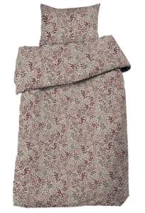 Bäddset Hage, påslakan och örngott med blad och blommor i vinrött och grönt på beige botten