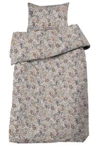 Bäddset Hage, påslakan och örngott med blad och blommor i denimblått och rost på beige botten