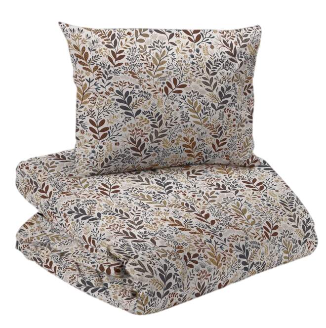 Bäddset Hage, påslakan och örngott med blad och blommor i denimblått och rost på beige botten
