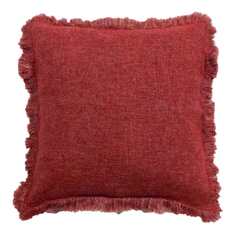 Kuddfodral Madde, enfärgad med lite grövre struktur och frans runt om i rött