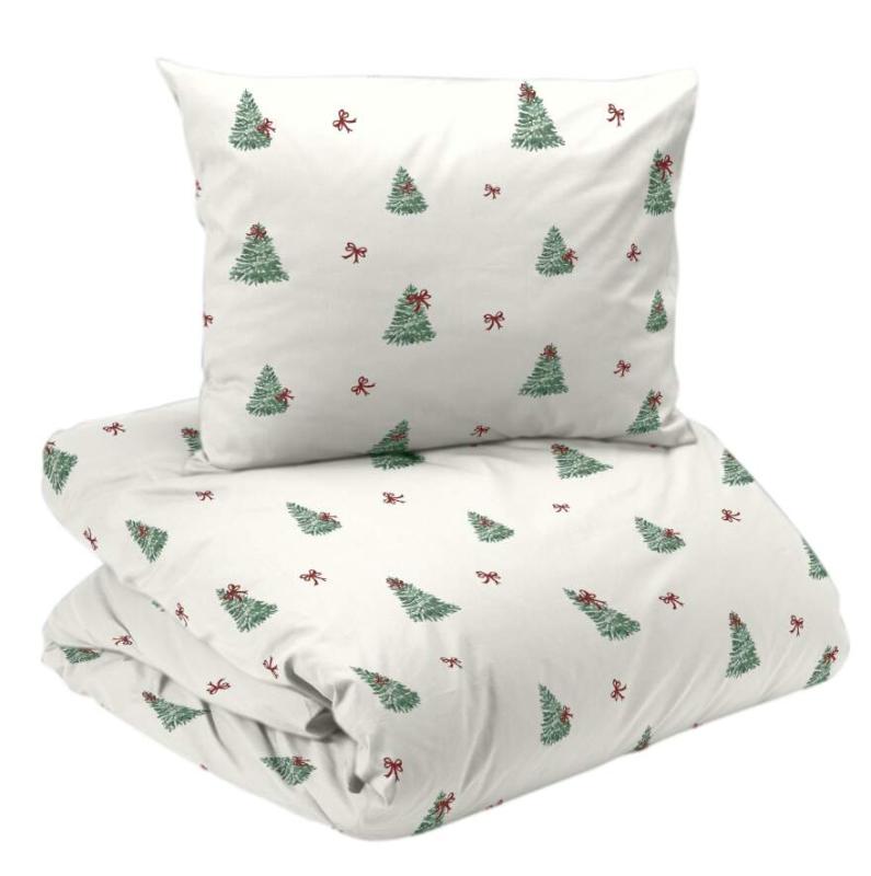 Bäddset CHRISTMAS TREE med gröna granar och röda rosetter på vit botten
