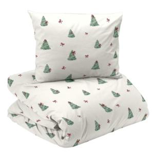 Bäddset CHRISTMAS TREE med gröna granar och röda rosetter på vit botten