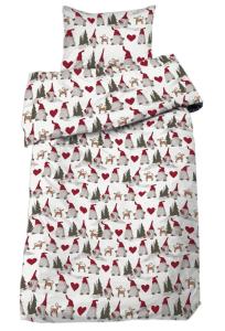 Bäddset NOEL med tomtar, granar, hjärtan och halmjulbockar i rött på vit botten