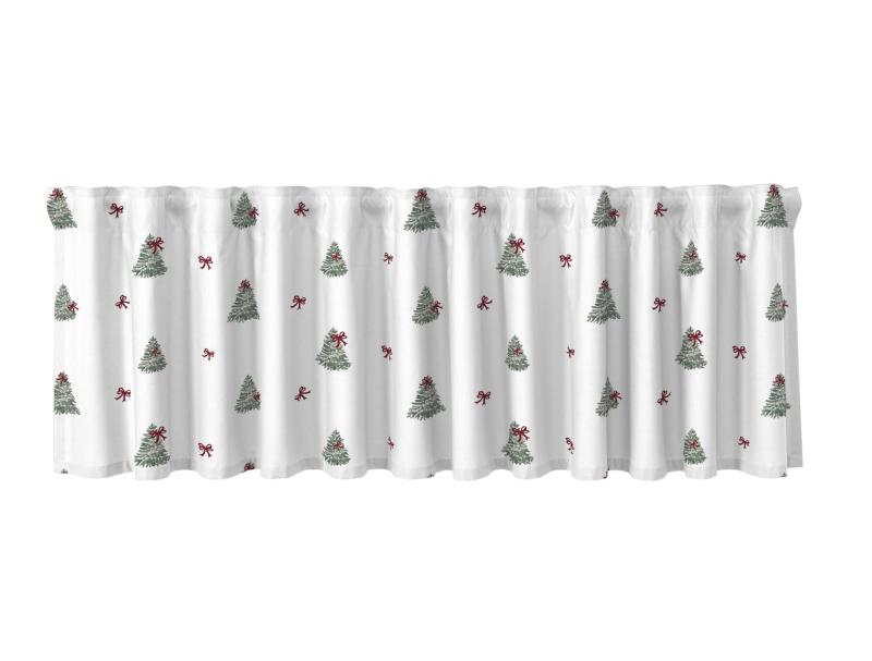 Gardinkappa CHRISTMAS TREE med gröna granar och röda rosetter på vit botten