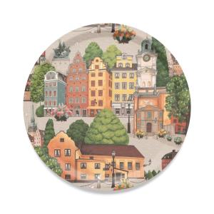 Bricka Stortorget, rund med husfasader, Stl. diameter 31cm, multifärgad