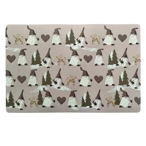 Plasttablett NOEL med tomtar, granar, hjärtan och halmjulbockar i grått på mullvadsfärgad botten