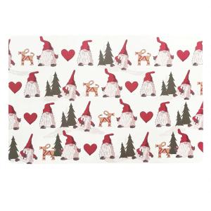 Plasttablett NOEL med tomtar, granar, hjärtan och halmjulbockar i rött på vit botten