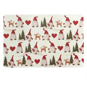 Plasttablett NOEL med tomtar, granar, hjärtan och halmjulbockar i rött på linnefärgad botten