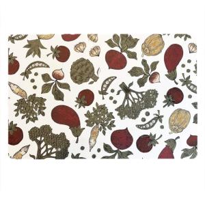 Plasttablett, tallriksunderlägg SKÖRDETID, med mönster av säsongens grönsaker. Vit botten