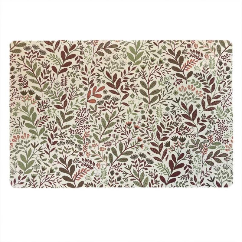 Plasttablett, tallriksunderlägg Hage med blad och blommor i vinrött och grönt på beige botten