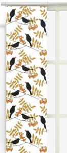 Panelgardin Trast i hast, koltrast äter bär, Stl: 2st 43x240cm, vit botten, gul/orange bär