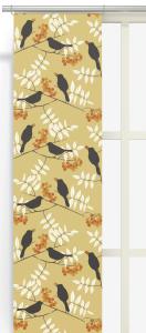 Panelgardin Trast i hast, koltrast äter bär, Stl: 2st 43x240cm, gulgrön botten, gul/orange bär.