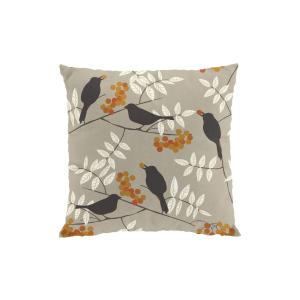 Kuddfodral Trast i hast, koltrast äter bär, Stl: 47x47cm, grå botten, gul/orange bär