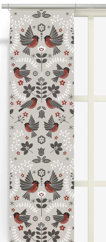Panelgardin Domherrar, röda fåglar på grå botten, 2-pack, stl.43x240cm, grå.