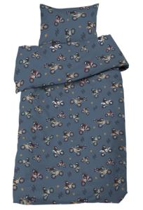 Bäddset BIKES med motorcyklar på denimblå bottenfärg