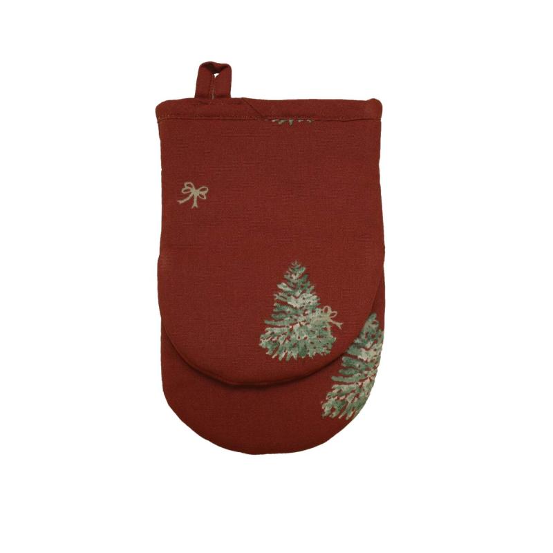 Grillvante CHRISTMAS TREE med gröna granar och beige rosetter på röd botten
