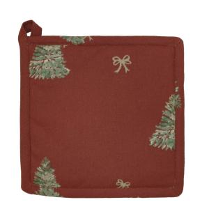 Grytlapp CHRISTMAS TREE med gröna granar och beige rosetter på röd botten