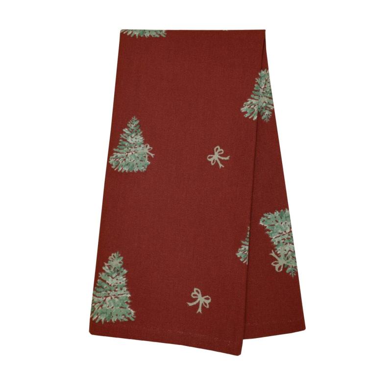 Kökshandduk CHRISTMAS TREE med gröna granar och beige rosetter på röd botten