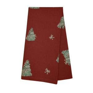 Kökshandduk CHRISTMAS TREE med gröna granar och beige rosetter på röd botten