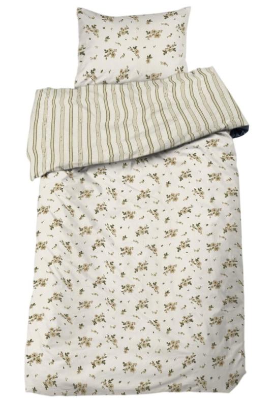 Bäddset STINA, vändbart i beige med blommor på ena sidan och ränder på andra