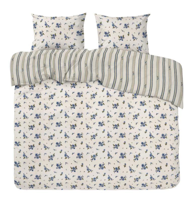 Kingsize Bäddset STINA, vändbart i blått med blommor på ena sidan och ränder på andra sidan