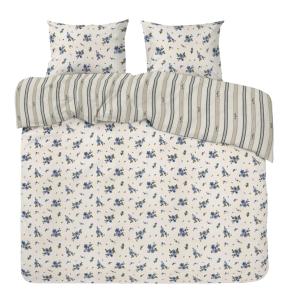 Kingsize Bäddset STINA, vändbart i blått med blommor på ena sidan och ränder på andra sidan