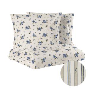Kingsize Bäddset STINA, vändbart i blått med blommor på ena sidan och ränder på andra sidan