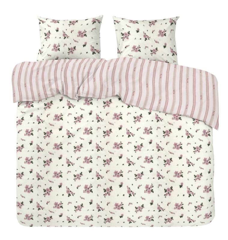 Kingsize Bäddset STINA, vändbart i rosa med blommor på ena sidan och ränder på andra sidan