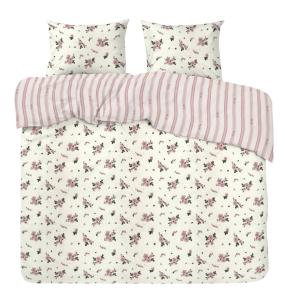 Kingsize Bäddset STINA, vändbart i rosa med blommor på ena sidan och ränder på andra sidan