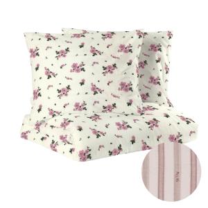 Kingsize Bäddset STINA, vändbart i rosa med blommor på ena sidan och ränder på andra sidan
