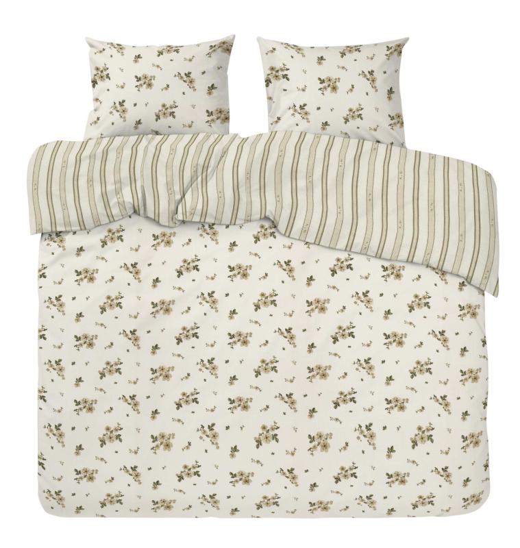 Kingsize Bäddset STINA, vändbart i beige med blommor på ena sidan och ränder på andra sidan