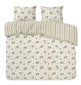 Kingsize Bäddset STINA, vändbart i beige med blommor på ena sidan och ränder på andra sidan