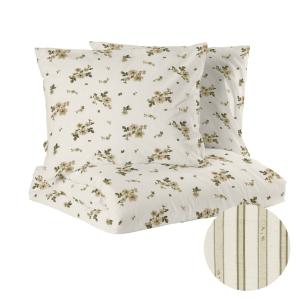 Kingsize Bäddset STINA, vändbart i beige med blommor på ena sidan och ränder på andra sidan